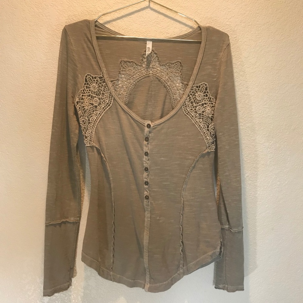 Free People Crochet Detail V Neck Henley Top